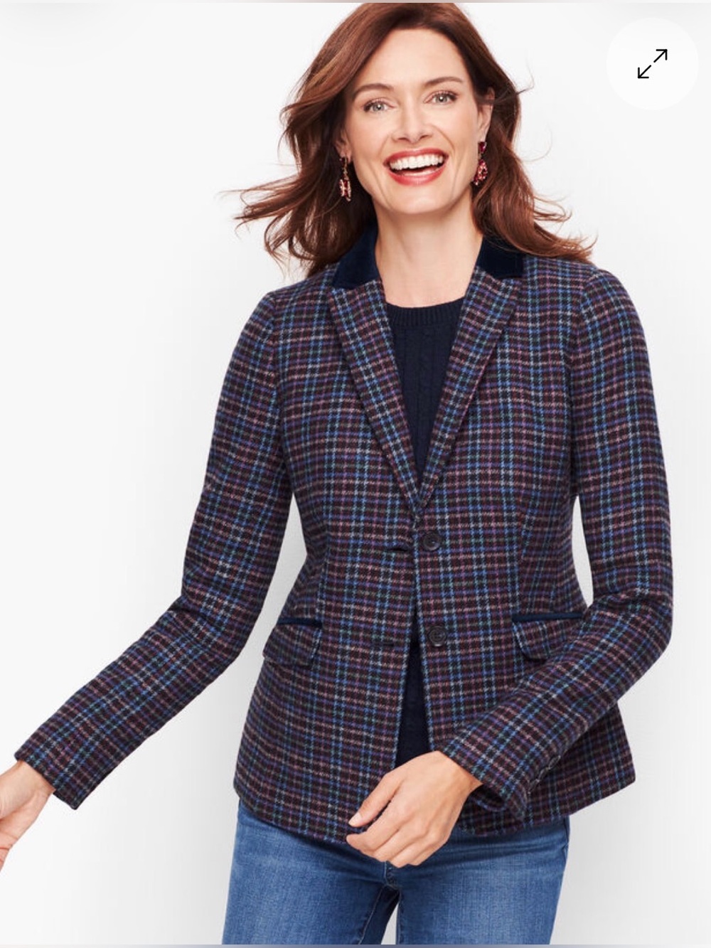 Talbots Women's Vibrant Plaid Blazer with Velvet Collar